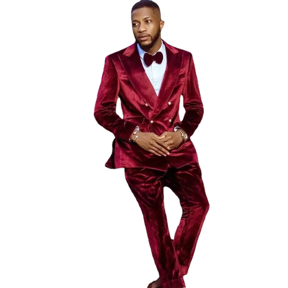Red Men Suits 2 Pieces Blazer Pants Double Breasted Velvet Uniform Work Wedding Groom Formal Work Party Causal Tailored