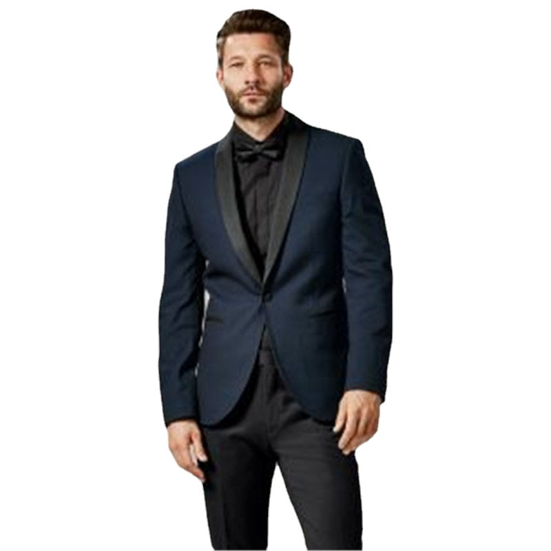 Navy Blue Blazer Black Trousers Shawl Lapel Men Suits Custom Made Tuxedo One Button Classic Formal Prom 2Pcs Jacket+Pants