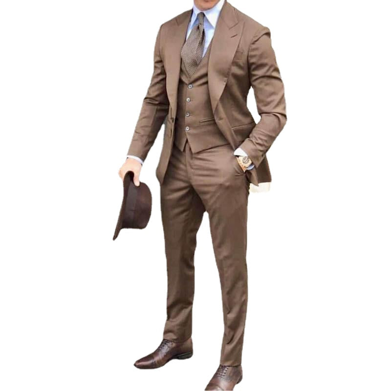 Brown Suit Groom Tuxedos Prom Wedding Men Suit Slim Fit Cotton Blend Formal Suit Men Slim Fit 3 Pcs Jacket+Pants+Vest