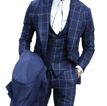 Men Blue Suits Check Formal Groom Wedding Wide Peak Lapel Suit Tuxedos Tailored