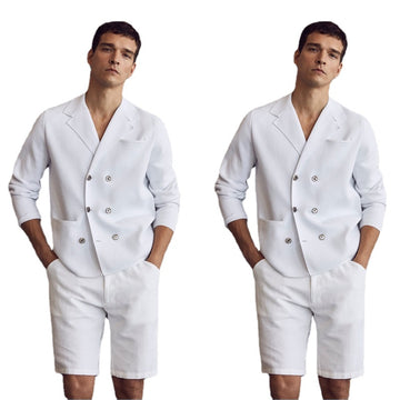 Summer Solid Color Suits Cotton Blend 2 Piece (Coat+Short Pant) Peak Lapel Groom Double Breasted Suits
