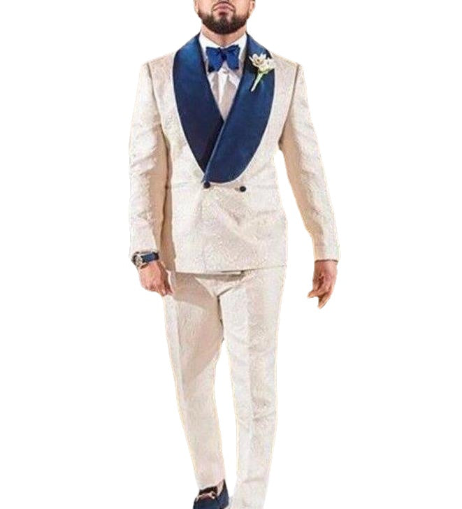 Costume Double-Breasted Ivory Paisley Wedding Men Suits Shawl Lapel Two Pieces Business Groom Tuxedos (Jacket+Pants+Tie)