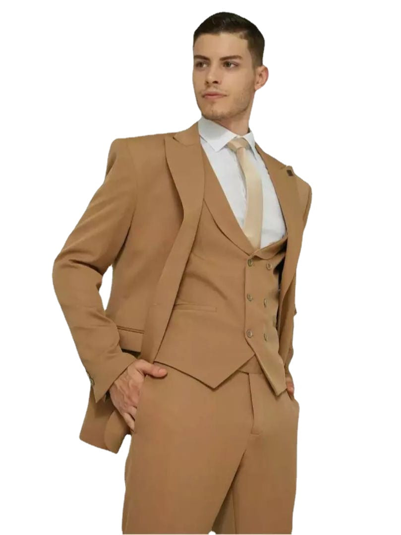 Costume de mariage italien marron de luxe pour homme, ensemble veste et smoking 3 pièces sur mesure (blazer, pantalon et gilet) 