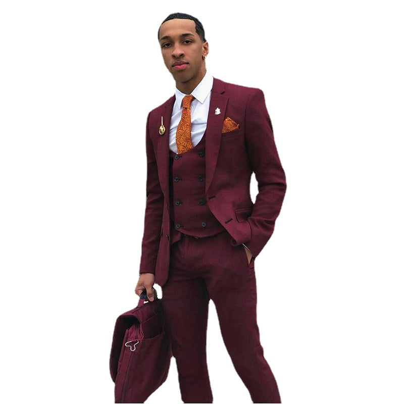 Burgundy Slim Fit Men Prom Suits Notched Lapel Wedding Suits Tuxedos Three Pieces Blazers Jacket Pants And Vest Terno