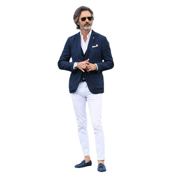 Slim Fit Terno Navy Blue Suits Business Men Groom Tuxedo Wedding trajes de hombre White Pants Man Attire