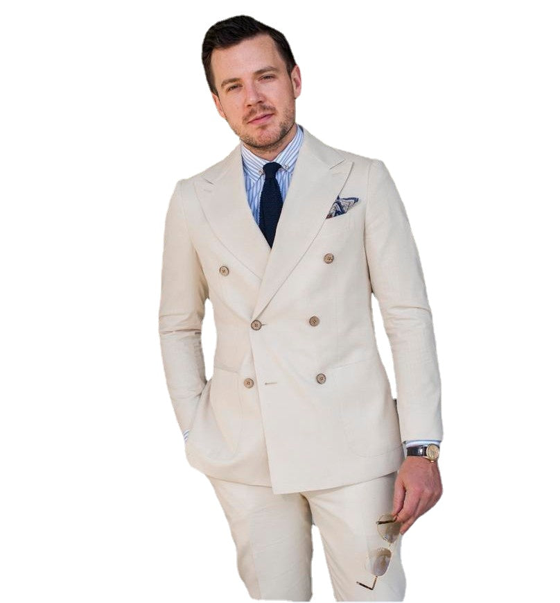 Double-Breasted Groomsmen Peak Lapel Groom Tuxedos Beige Men Suits Wedding Best Man (Jacket+Pants+Tie+Hankerchief)