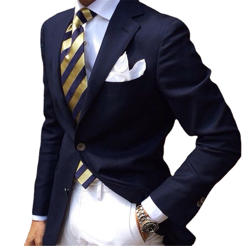 Navy Blue Men Suit with White Pants Notched Lapel Men Tuxedos Formal Wedding Suits Smart Casual Business Homme Terno