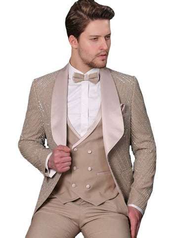Wedding Men's Suit Khaki Custome Plus Size Slim Fit Party  Gentleman Formal Clothes 3 Pieces Outfits (Jacket+Pants+Vest)
