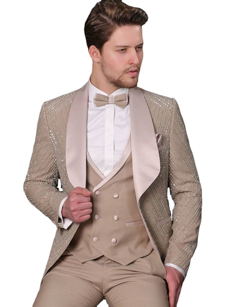Traje de boda para hombre, color caqui, talla grande, corte entallado, para fiesta, formal, conjunto de 3 piezas (chaqueta, pantalón y chaleco). 