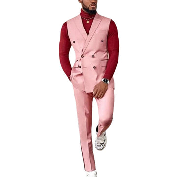 Custom Made Pink Notch Lapel Vest Pant 2 Pcs Double Breasted Wedding Slim Fit Groom Tuxedo Prom Blazer Men Suits