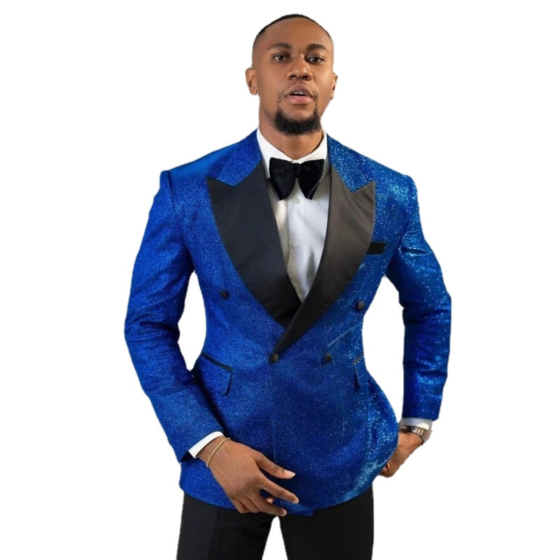 Royal Blue Sequined Men Wedding Tuxedos Suits Costume Homme Slim Fit Outfits Party Prom Peak Lapel Blazer 2 Pieces