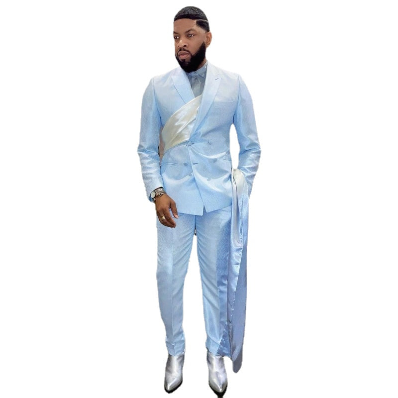 Sky Blue Men Wedding Tuxedos Set 2 Pieces Pattern Slim Fit Peaked Lapel Outfits Blazer Wear Men Designer Suits