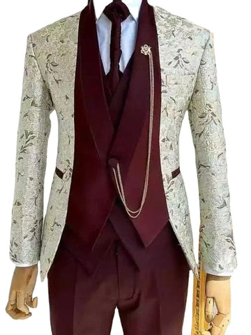 Boyfriend Wedding Suit For Men Jacquard Jacket Sets 3 Pieces Custom Large Tuxedo Dress (Blazer+Pants+Vest)