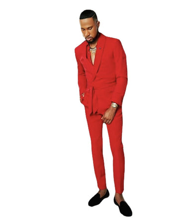 Costume Homme Red Peak Lapel Men Suits With Belt Wedding Slim Fit Groom Tuxedo  Prom Blazer 2 Pc Jacket Pant