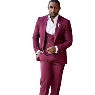 Burgundy Men Suits 3 Pieces One Button Peaked Lapel Prom Suits Blazer Jacket Tuxedos Groom Wedding Dress Coat+Vest+Pant