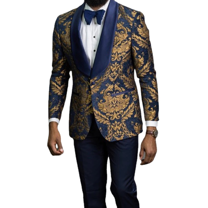 Blue African Floral Jacquard Prom Men Suit Wedding 2 Piece Slim Fit Groom Tuxedo