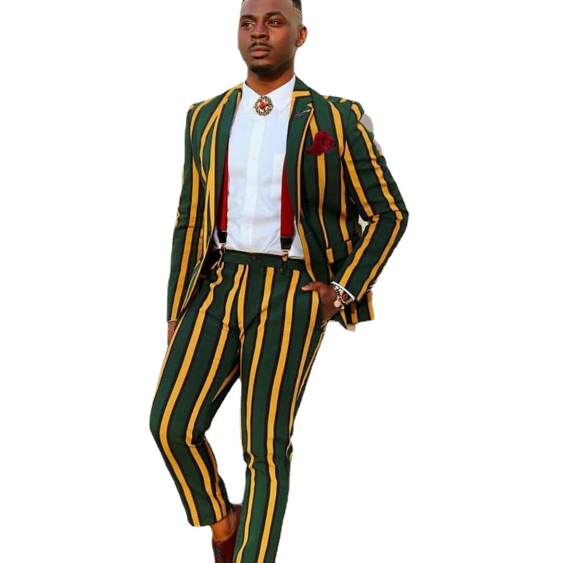 Yellow Rope Stripe Suits 3 Pieces Groom Best Man Pants Suit Business Wedding Blazer (Jacket+Vest +Pants)