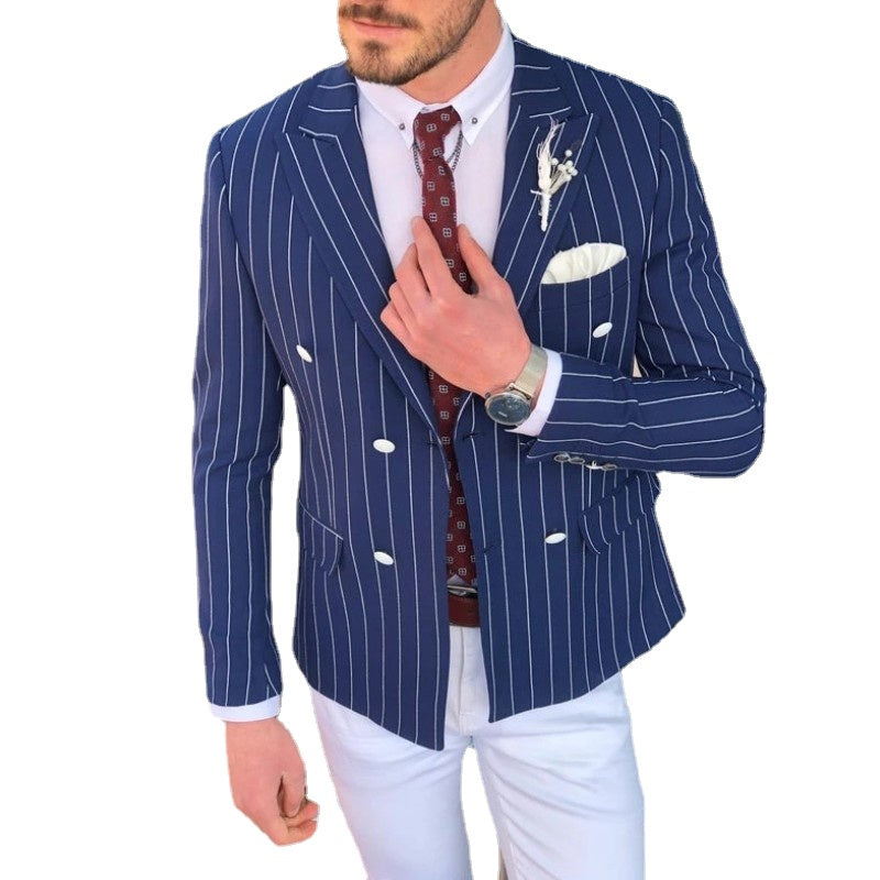Stripe Peak Lapel Suits For Business Men 2 Piece Slim Fit Wedding Groom Tuxedo Double Breasted Blazer ( Jacket+Pants )