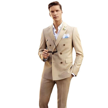 Custom Made Beige Men Suits for Wedding Groom Tuxedos Double Breasted 2 Pieces (Jacket+Pants) Best Man Blazer
