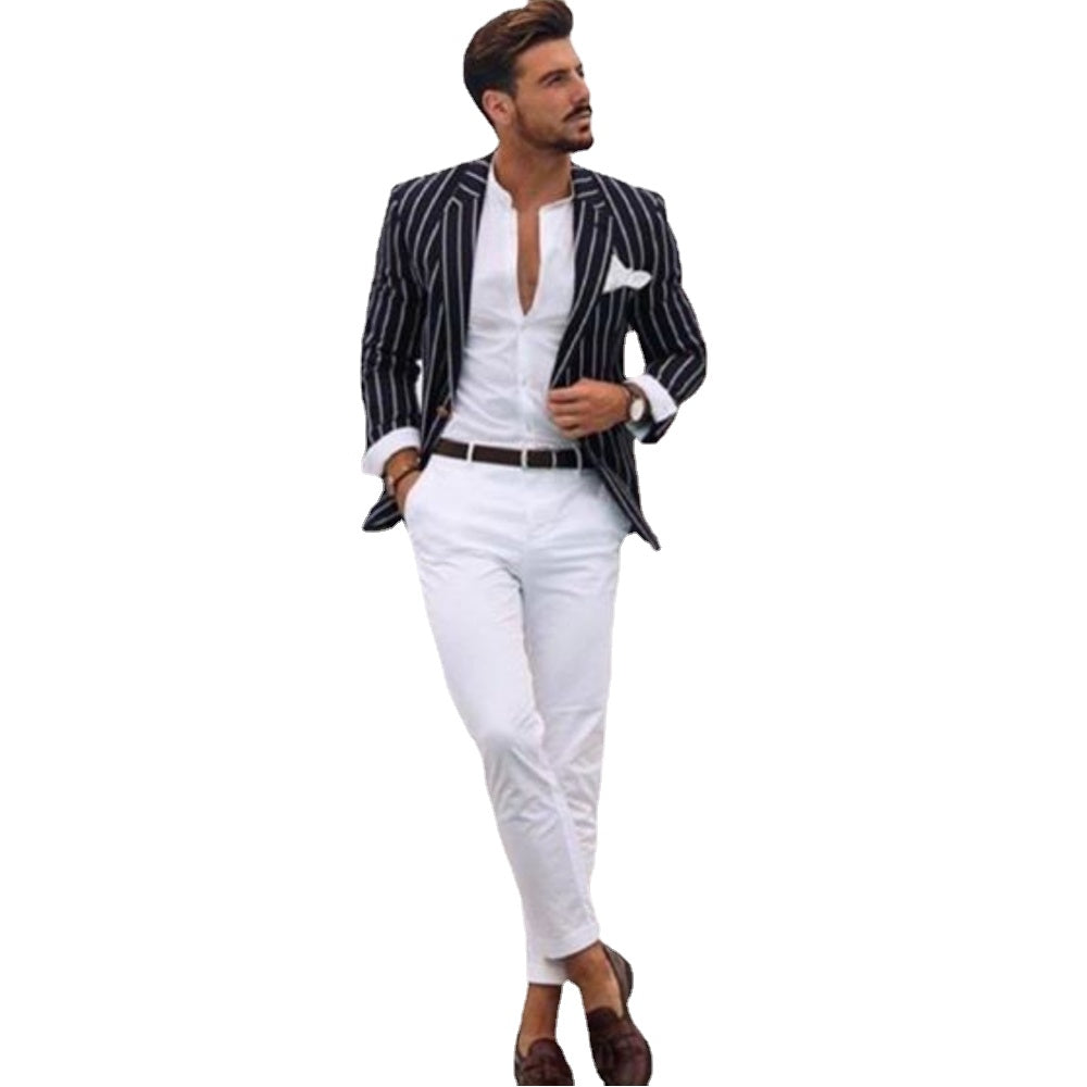 2 Pieces Men Suits for Wedding Groom Tuxedo Black Striped Jacket White Pants Formal Business Office Prom Party Wear