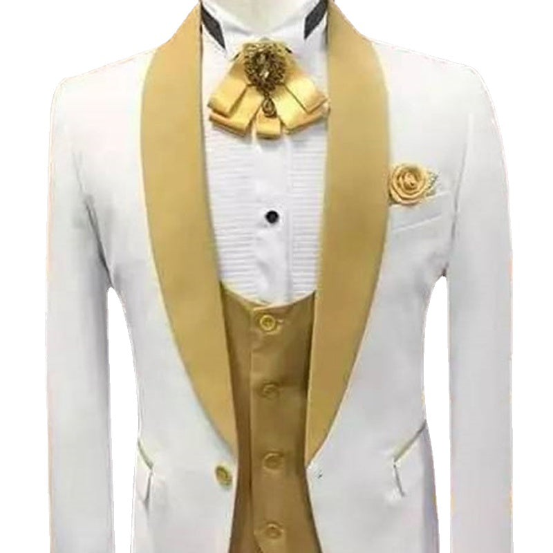 White and Gold Wedding Tuxedo for Groomsmen with Shawl Lapel Smoking Men Suits 3 Piece Set Jacket Vest with Pants