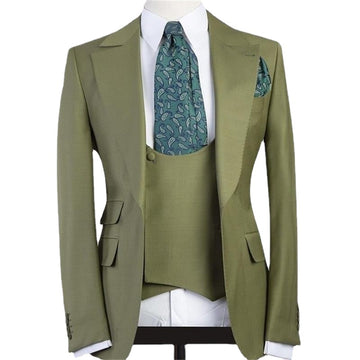 Green Peaked Lapel with One Button Men Suits 3 Pieces Costum Homme Groom Wedding Terno Slim Fit Blazer