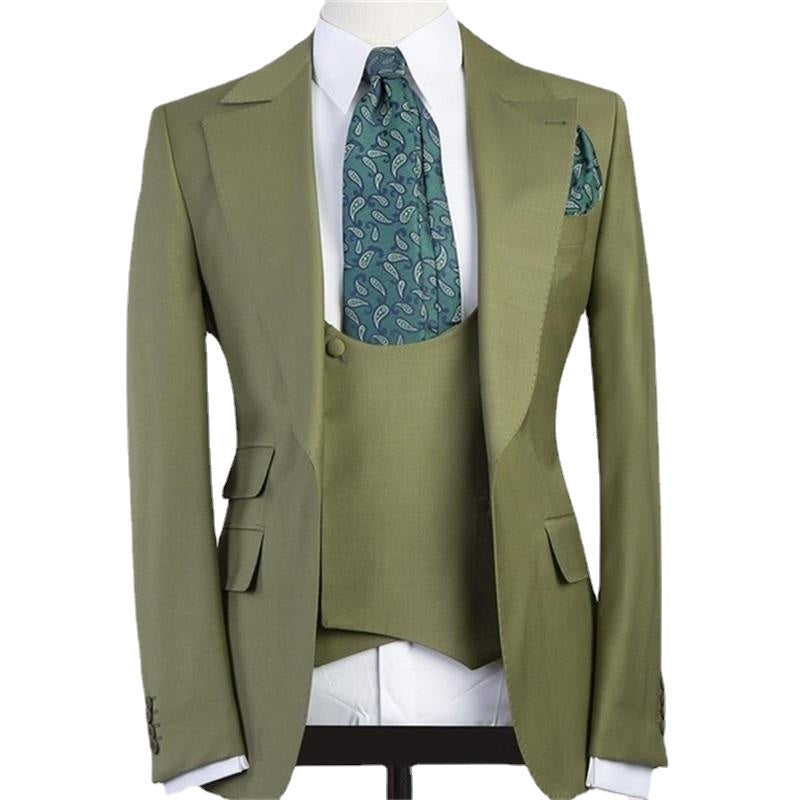 Costume 3 pièces vert à revers pointu et un bouton pour homme, costume de marié, blazer slim fit 
