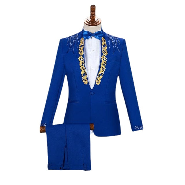 Costume Homme Royal Blue Embroidered Suit Men Diamond Wedding Groom Tuxedo Suits Men Stage Singer Party Prom Blazer Jacket Pants