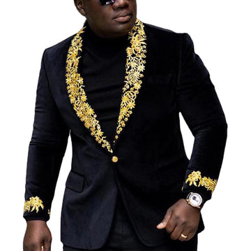 Black Velvet Tuxedos Jacket Gold Applique Suits Men Wedding Slim Fit Party Dress Blazer 2 Piece Costume Homme