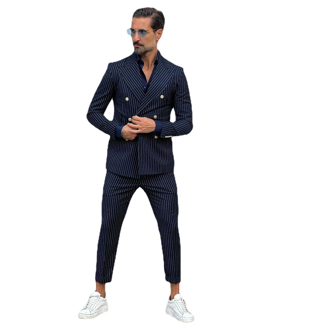 Royal Blue Men Suit Pinstripe Tailor-Made 2 Pieces Double-breasted Suit Tailored Suit Fit Slim Formal Men Blazer Custom Made