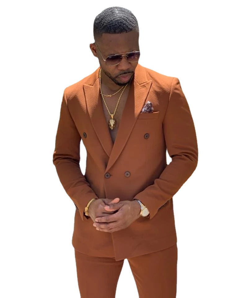 Slim Fit Orange Double Breasted Men Suits Costume Homme Wedding Groom Prom Terno Blazer 2 Pieces Jacket+Pant