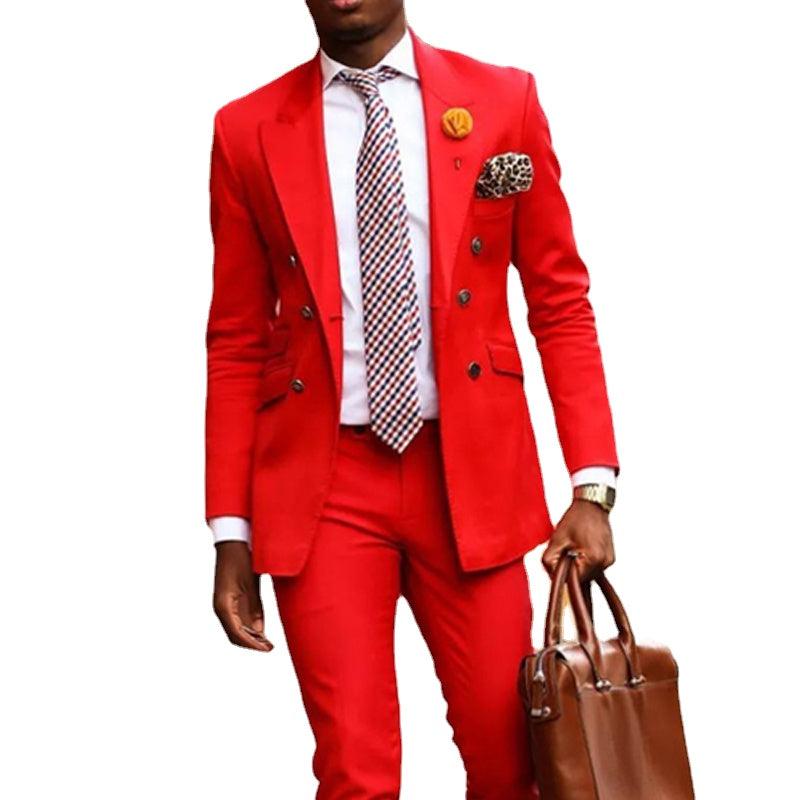 Trajes casuales rojos de doble botonadura con solapa de pico, 2 piezas, para graduación, boda, novio, esmoquin, conjunto de chaqueta y pantalón para hombre 