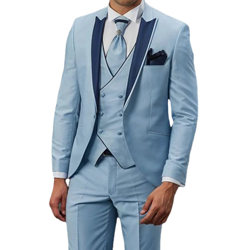New Suit Men Slim Fit Sky Blue Tuxedo Men Wedding Suits Groom Men Dress Dinner Beach Party (Jacket+Pants+Vest)