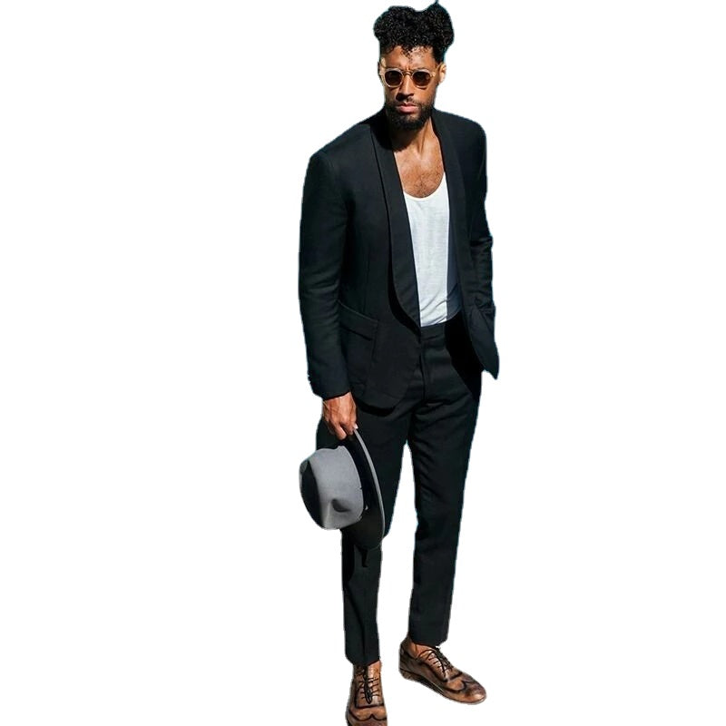 Black Casual Shawl Lapel Men's Suits Prom Slim Fit Costume Homme Groom Wear Blazer Trousers Wedding 2Pcs(Jacket+Pants)