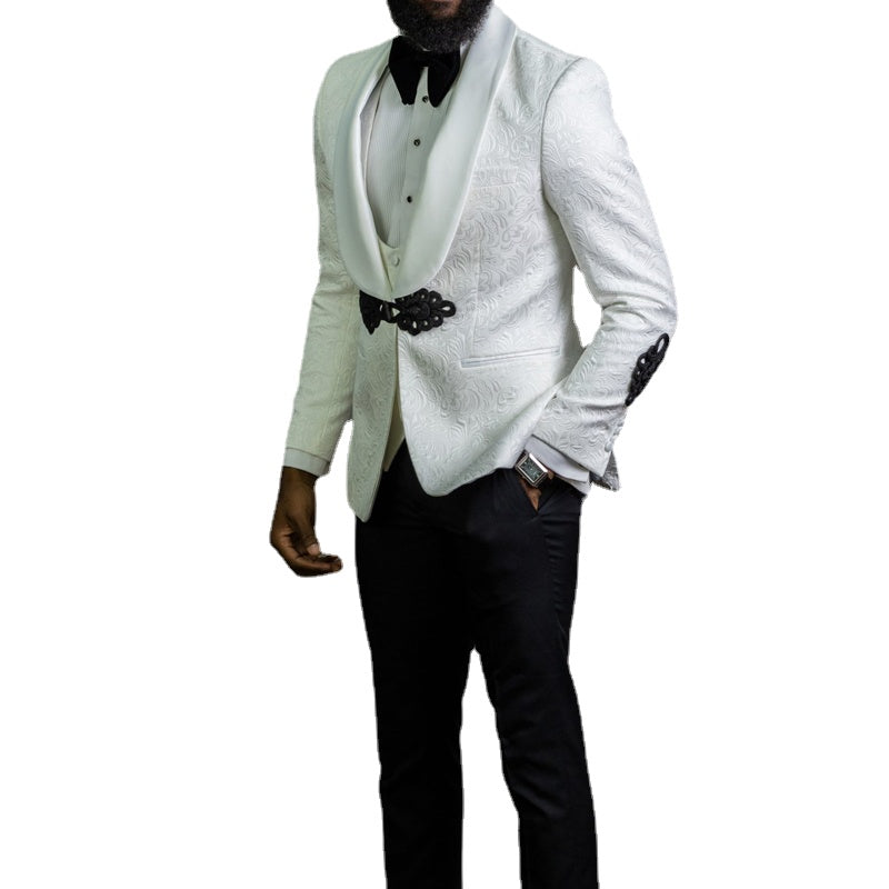 White Floral Pattern Wedding Men Suits with Black Pants 3 Pieces Slim Fit Groom Tuxedos Shawl Lapel African Jacket Vest