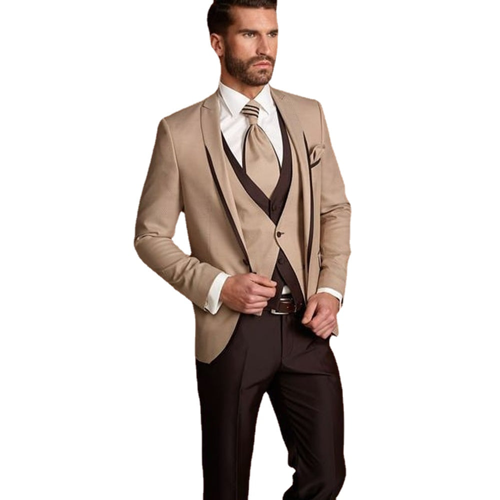 Traje de boda marrón para hombre, conjunto de blazer, corte entallado, esmoquin de talla grande, vestido de caballero, 3 piezas (chaqueta, pantalón y chaleco) 