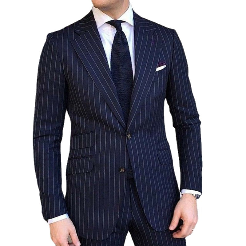 2 Piece Pinstripe Men's Suit Slim Fit Formal Tuxedo Notched Lapel Navy Blue Striped