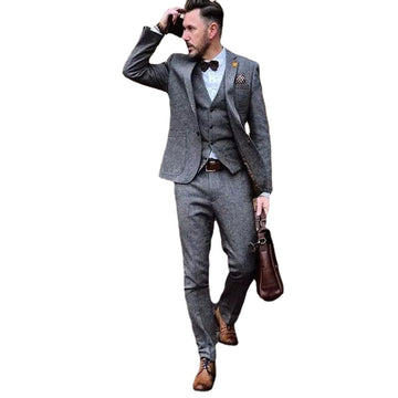 Costume Homme Vintage Long White Long Wedding Tuxedos for Groom Gray Tweed Three Piece Formal Men Suits (Jacket + Pants + Vest)