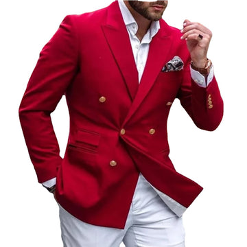 Casual Red Double Breasted Men Suits with White Pants Slim Fit Prom Groom Tuxedos Wedding Wear 2 Pieces Blazer