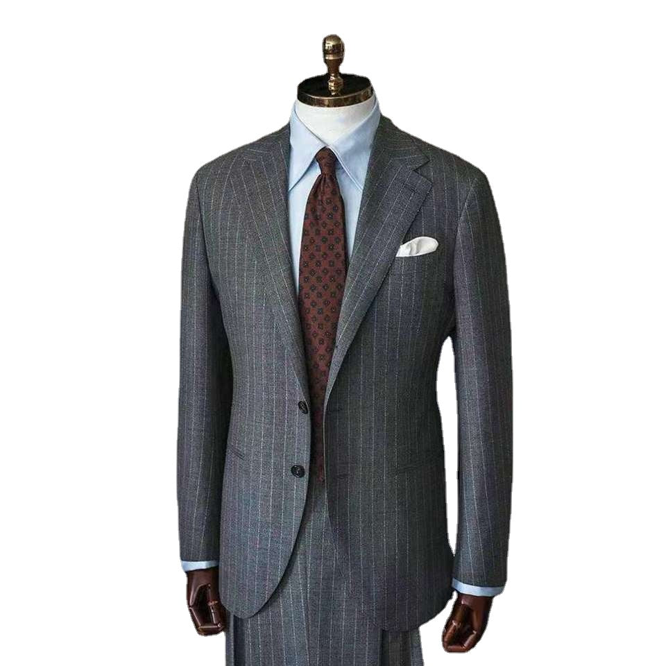 Gray Business Men Suit Tailor-Made 2 Pieces Blazer Pants Tuxedo Single Breasted Pinstripe Slim Fit Wedding Groom Prom Tailored