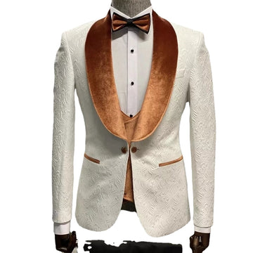 Jacquard Men Suits For Wedding 3 Pieces Velvet Shawl Lapel Terno Masculino Slim Fit Blazer Tuxedos Groom Wear Prom