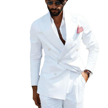 Double Breasted Men Suits White Slim Fit Wedding Tuxedo for Groom 2 Piece Casual Style (Jacket+Pants)