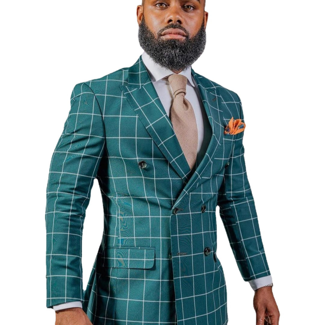 Blazer Sets Green Men'S Plaid Suit Slim Fit Jackets Men Man Wedding Suit Tuxedo Homme Business Style Costumes 2Piece