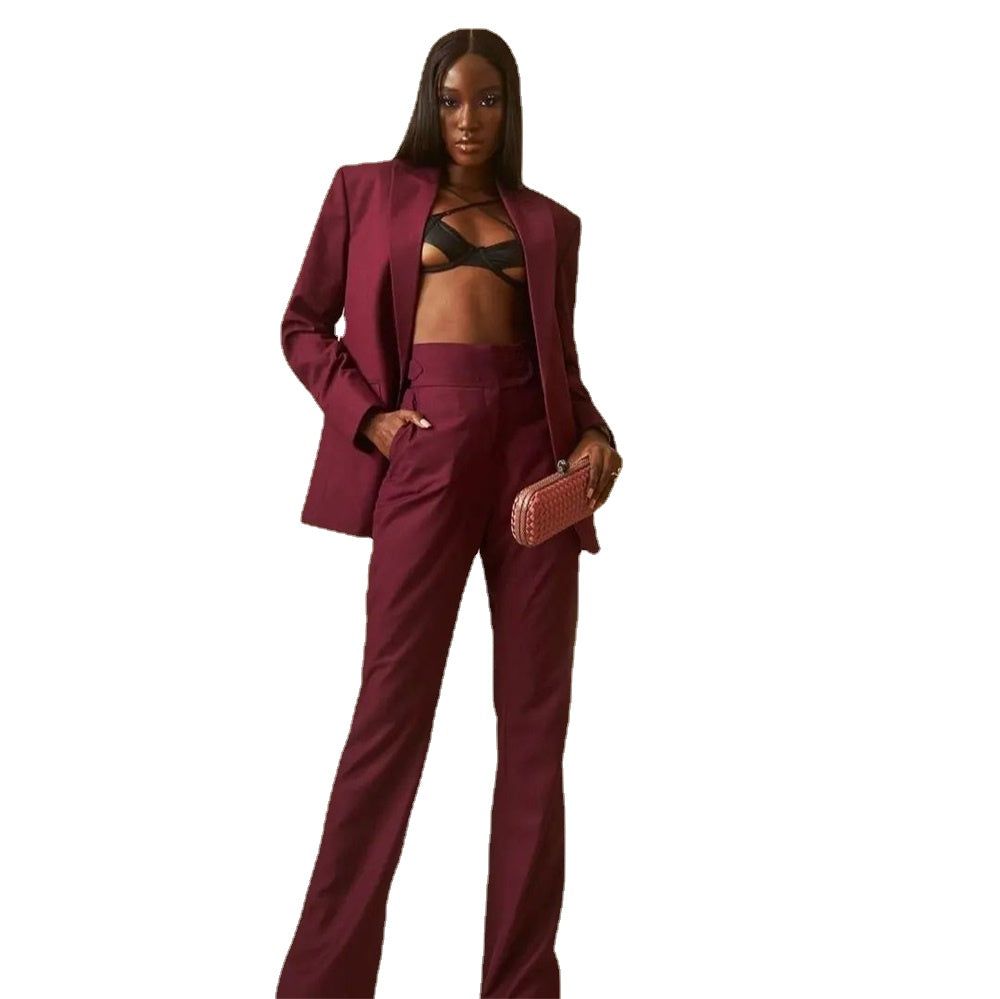 Women's Burgundy 2-Piece Suit Set with Peaked Lapel Blazer and Loose Pants for Streetwear