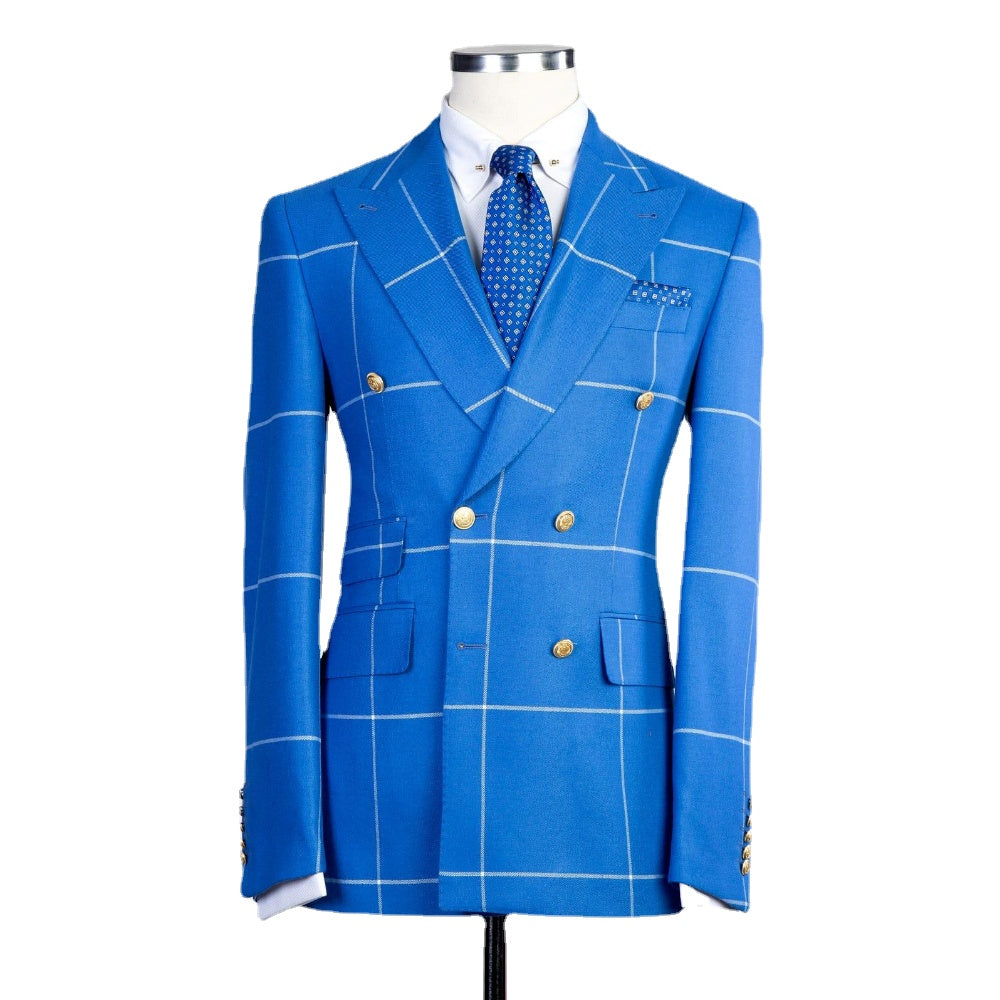 Blue Stripe Men's Suits 2 Pieces Peaked Lapel Vintage Groom Tuxedos for Wedding Jacket Pants Formal Business Party Prom Suit