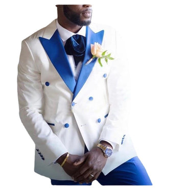 Blue Peak Lapel White Men Suits Costume Homme Groom Tuxedos Wedding  Slim Fit 2 Pieces Blazer(Jacket+Pants)