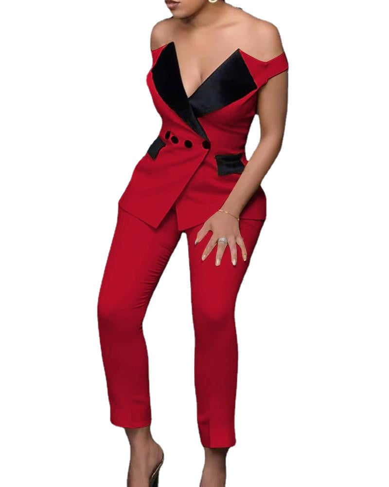 Costume rouge pour mère de la mariée, 2 pièces, épaules dénudées, pour bal de promo, soirée, smoking, blazer, pour mariage (veste + pantalon) 