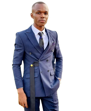 Unique Design Tailor Navy Blue Lapel Men Suits With Black Belt Wedding Groom Tuxedos Slim Fit Prom Blazer 2 Pcs (Jacket+Pants)