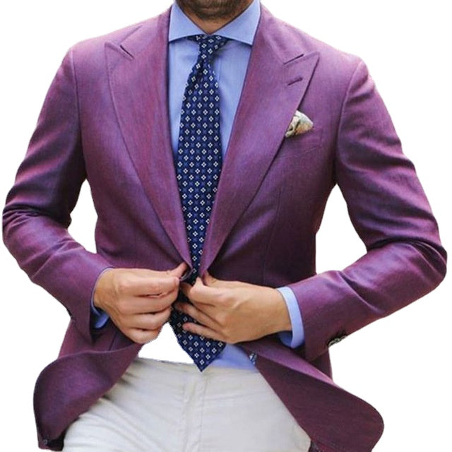 Men's Purple Suit Set with Blazer, White Trousers & Tie for Weddings, Parties & Formal Occasions