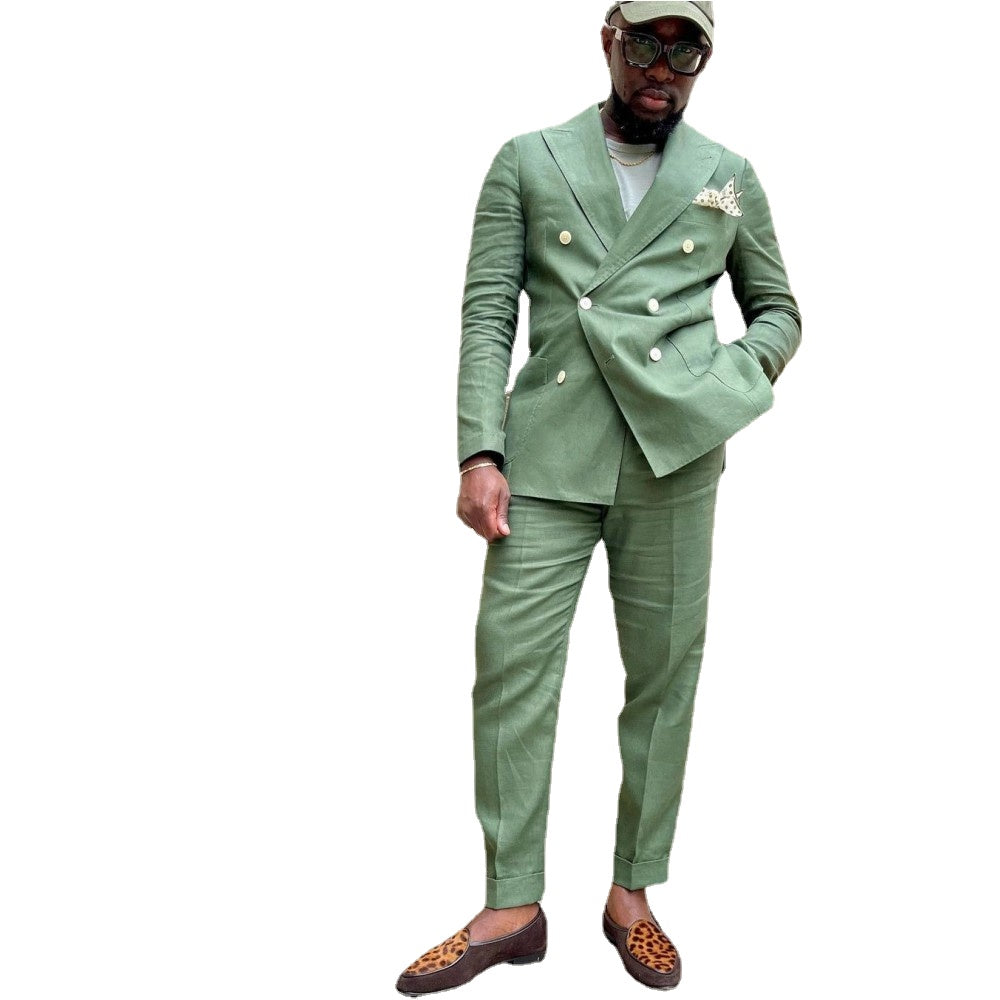 Vintage Green Double Breasted Men Suits Slim Fit 2 Pcs Wedding Groom Prom Terno Custom Blazer Jacket+Pant